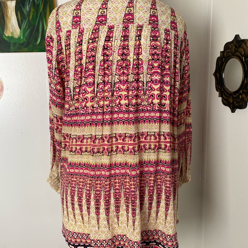 Moon and Sky boho long sleeve v neck crochet lace bib cream print pink top S - Picture 7 of 11